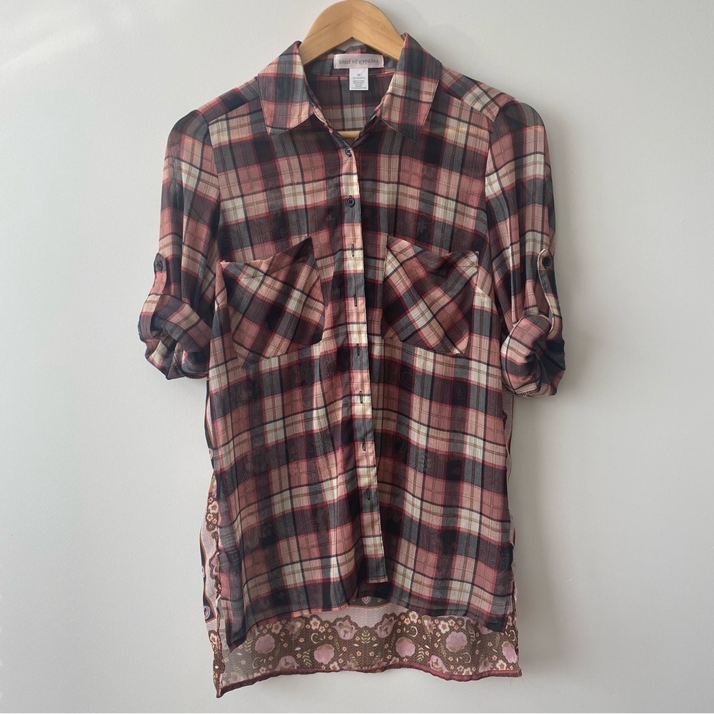 Band Of Gypsies Sheer Mixed Print Button Up Blouse